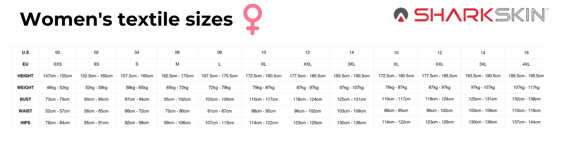 Sharkskin women sizing guide